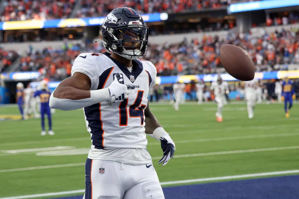 Courtland Sutton #14 of the Denver Broncos celebrates a touchdown catch during the third quarter against the Los Angeles Chargers at SoFi Stadium on December 10, 2023 in Inglewood, California.