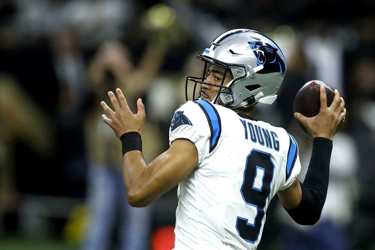 NEW ORLEANS, LOUISIANA - DECEMBER 10: Bryce Young #9 of the Carolina Panthers throws a pass during the first quarter against the New Orleans Saints at Caesars Superdome on December 10, 2023 in New Orleans, Louisiana.