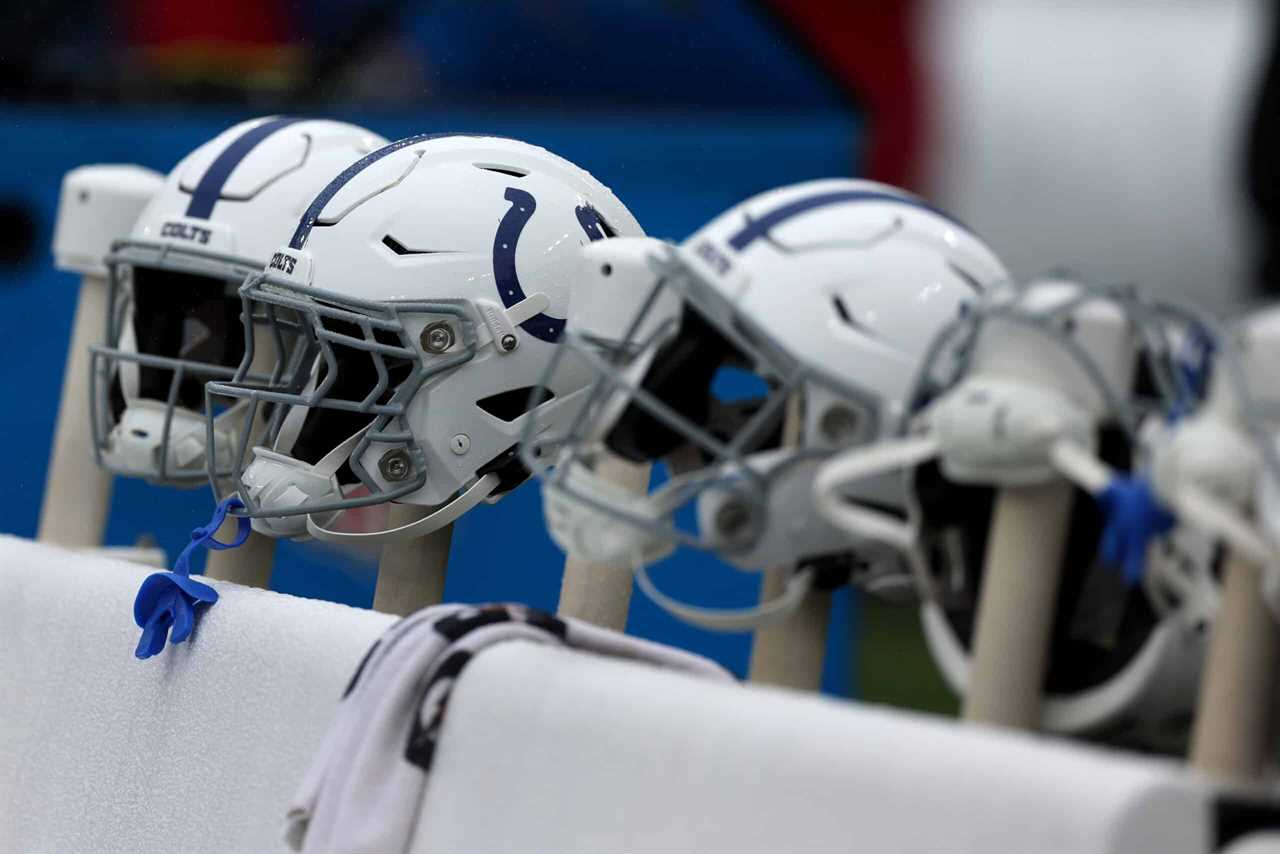 BALTIMORE, MARYLAND - SEPTEMBER 24: Indianapolis Colts helmets sit on the bench before the start of the Colts and Baltimore Ravens game at M&T Bank Stadium on September 24, 2023 in Baltimore, Maryland.