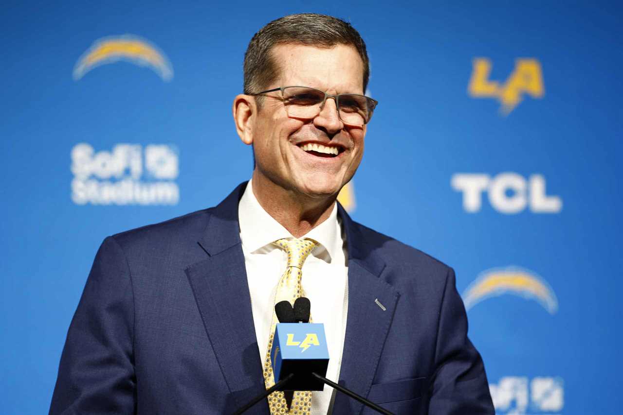 INGLEWOOD, CALIFORNIA - FEBRUARY 01: Newly appointed head coach Jim Harbaugh of the Los Angeles Chargers speaks to the media during a press conference at YouTube Theater on February 01, 2024 in Inglewood, California.