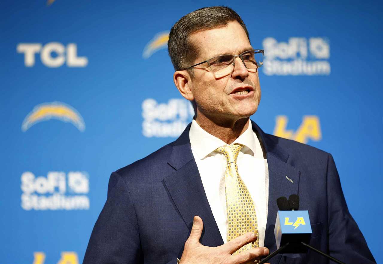 INGLEWOOD, CALIFORNIA - FEBRUARY 01: Newly appointed head coach Jim Harbaugh of the Los Angeles Chargers speaks to the media during a press conference at YouTube Theater on February 01, 2024 in Inglewood, California.
