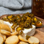 cowboy candy on cream cheese with crackers on the side