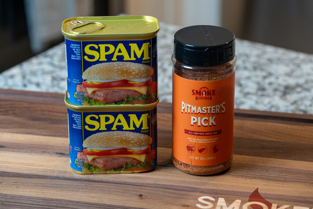 smoked spam fries ingredients on a wooden chopping board