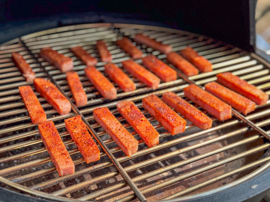 smoked spam fries on the grill at the end of smoking