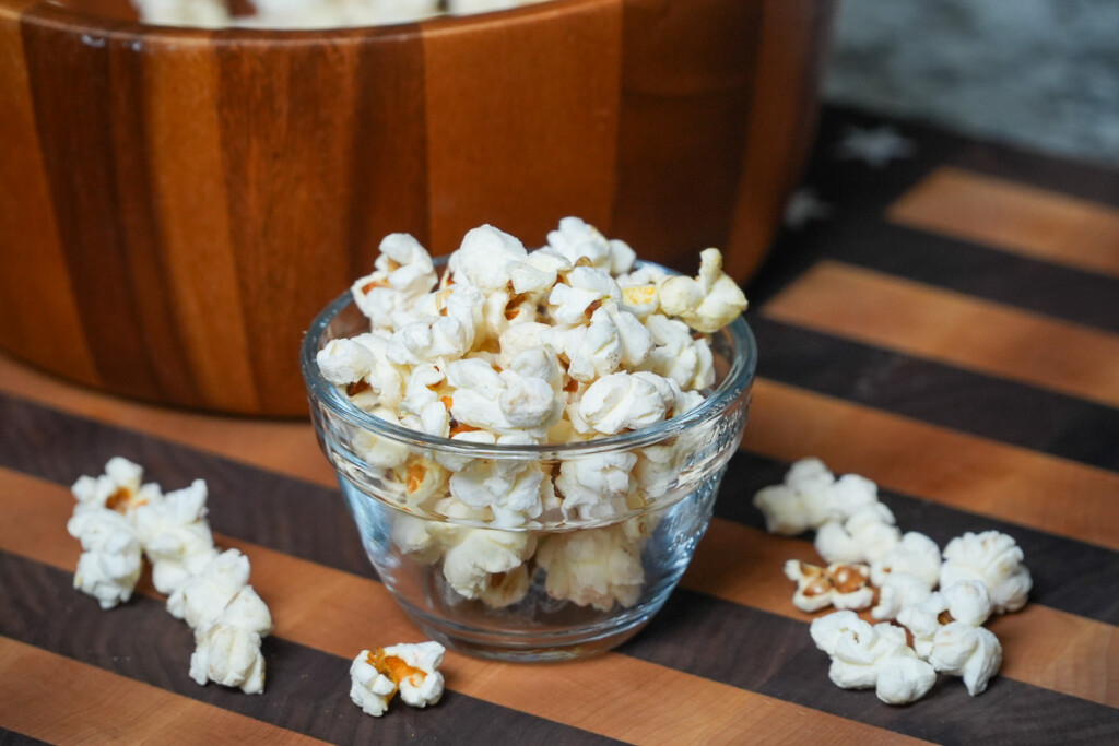 popcorn in a glass bowl