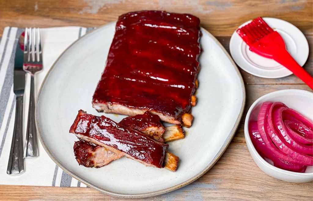 St Louis Style BBQ Pork Ribs Sliced on plate