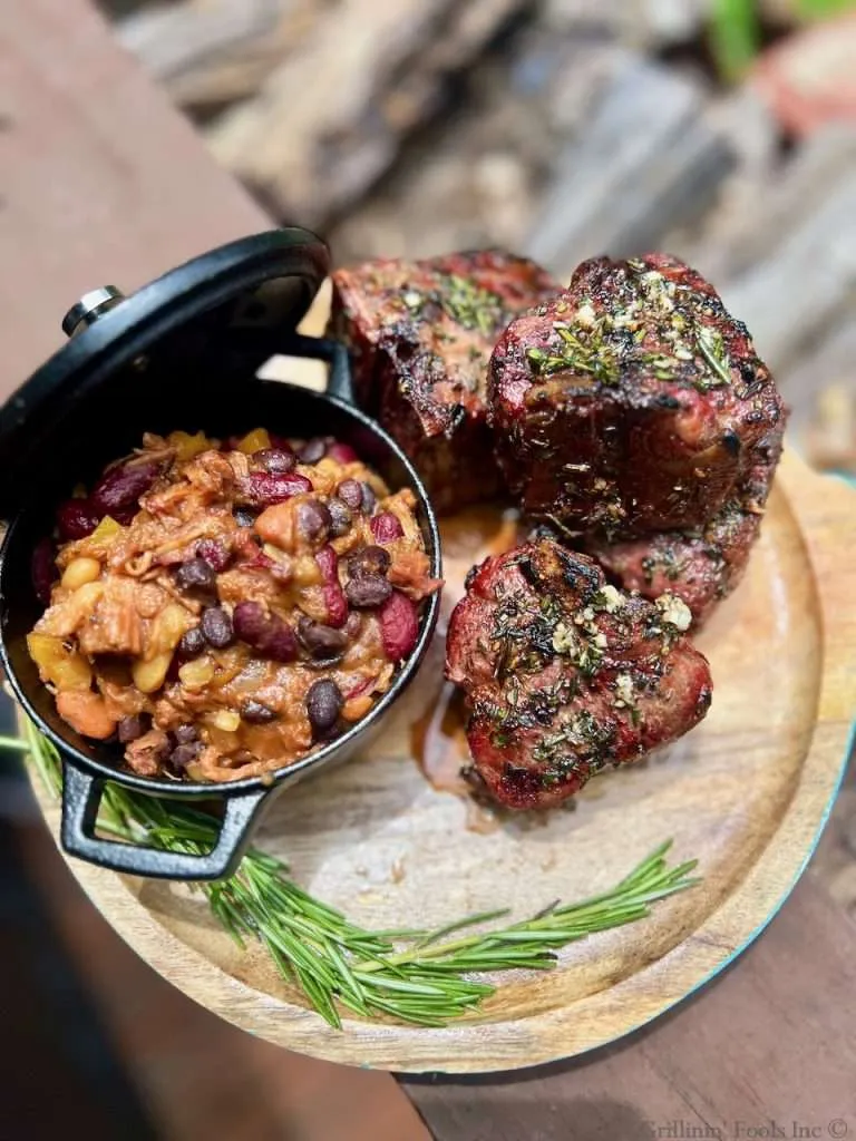 Marinated and Grilled Mutton Chops with cowboy beans