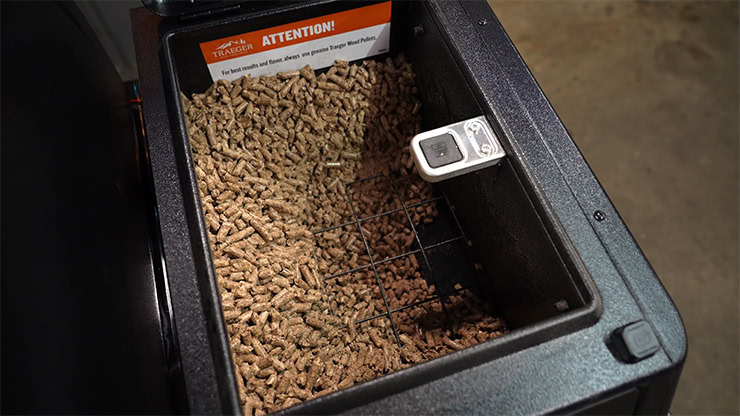 Traeger Ironwood XL pellet hopper with wood pellets