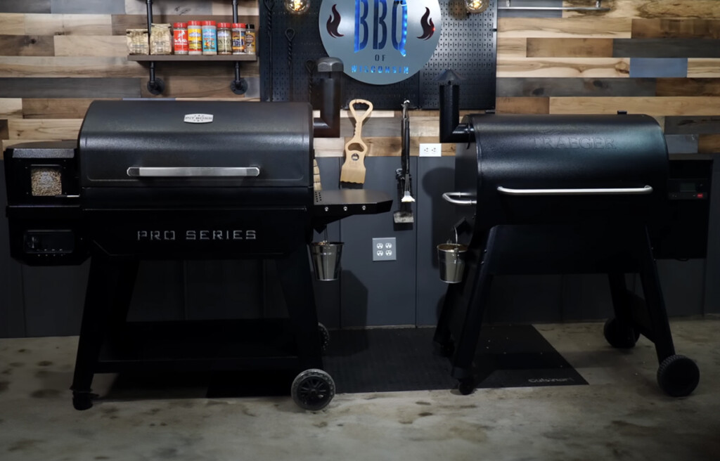 pit boss and traeger pellet grill next to each other