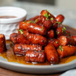 plate of hot dog burnt ends with dipping sauce