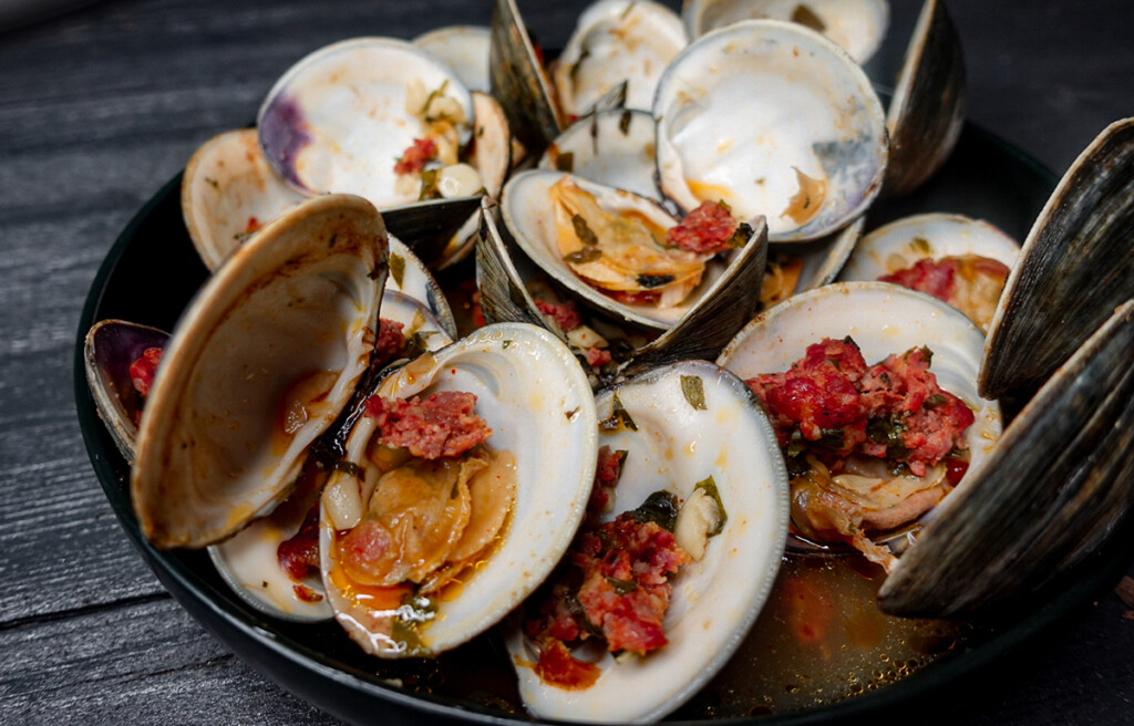 Clams and chorizo in garlic white wine butter