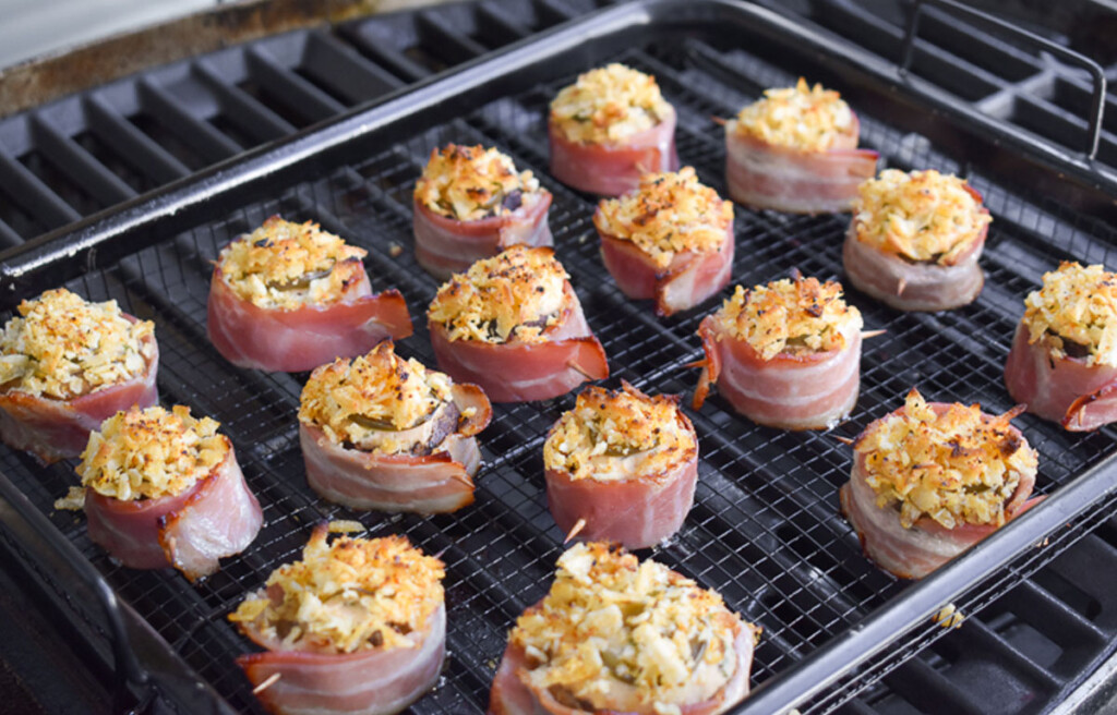 smoked mushroom jalapeno poppers cooked on the grill