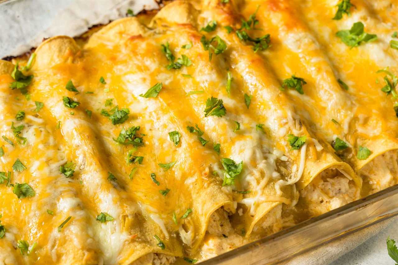 Smoked Chicken Enchiladas in a baking pan