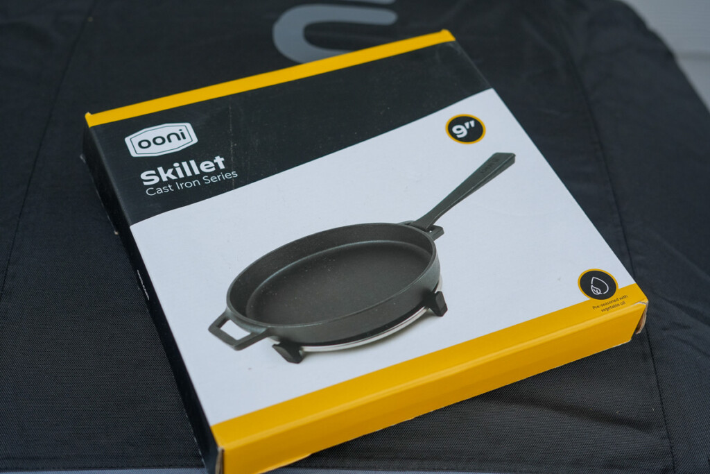 Ooni cast iron skillet in a packaging box