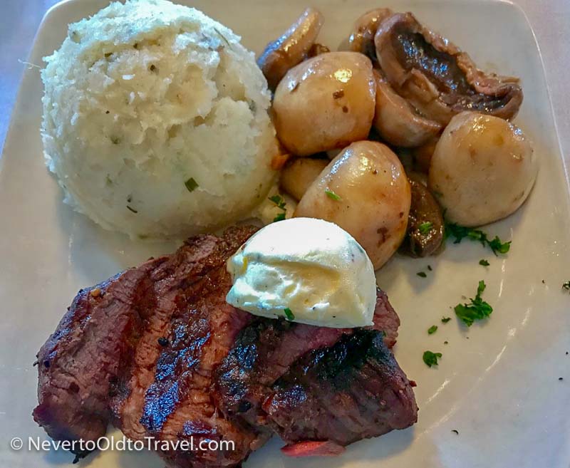 Filet with garlic mashed potatoes and sauteéd mushrooms - Fort Wayne Food Tours - 2018 | Traveling4Food.com | Gary House