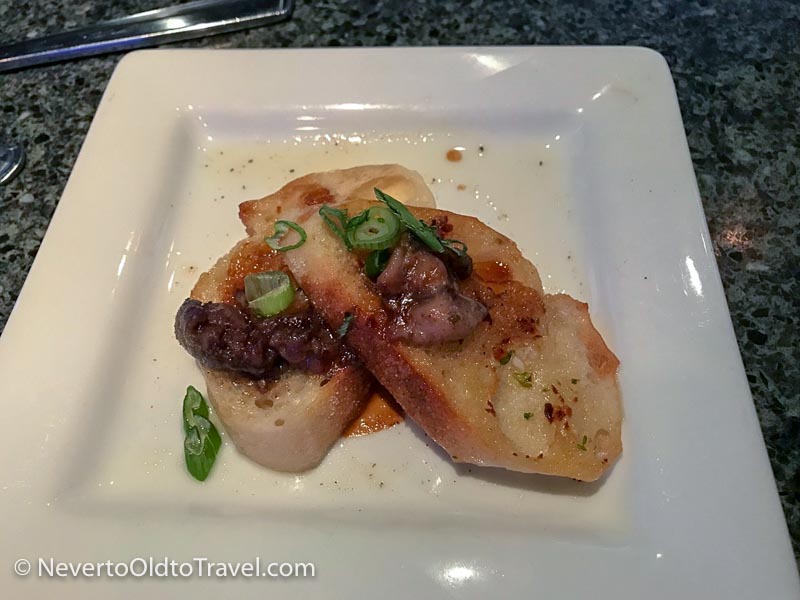 Bone Marrow Crostini with Demi glaze Fort Wayne Food Tours - 2018 | Traveling4Food.com | Gary House