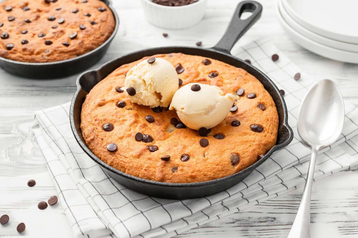 skillet cookie with vanilla ice cream