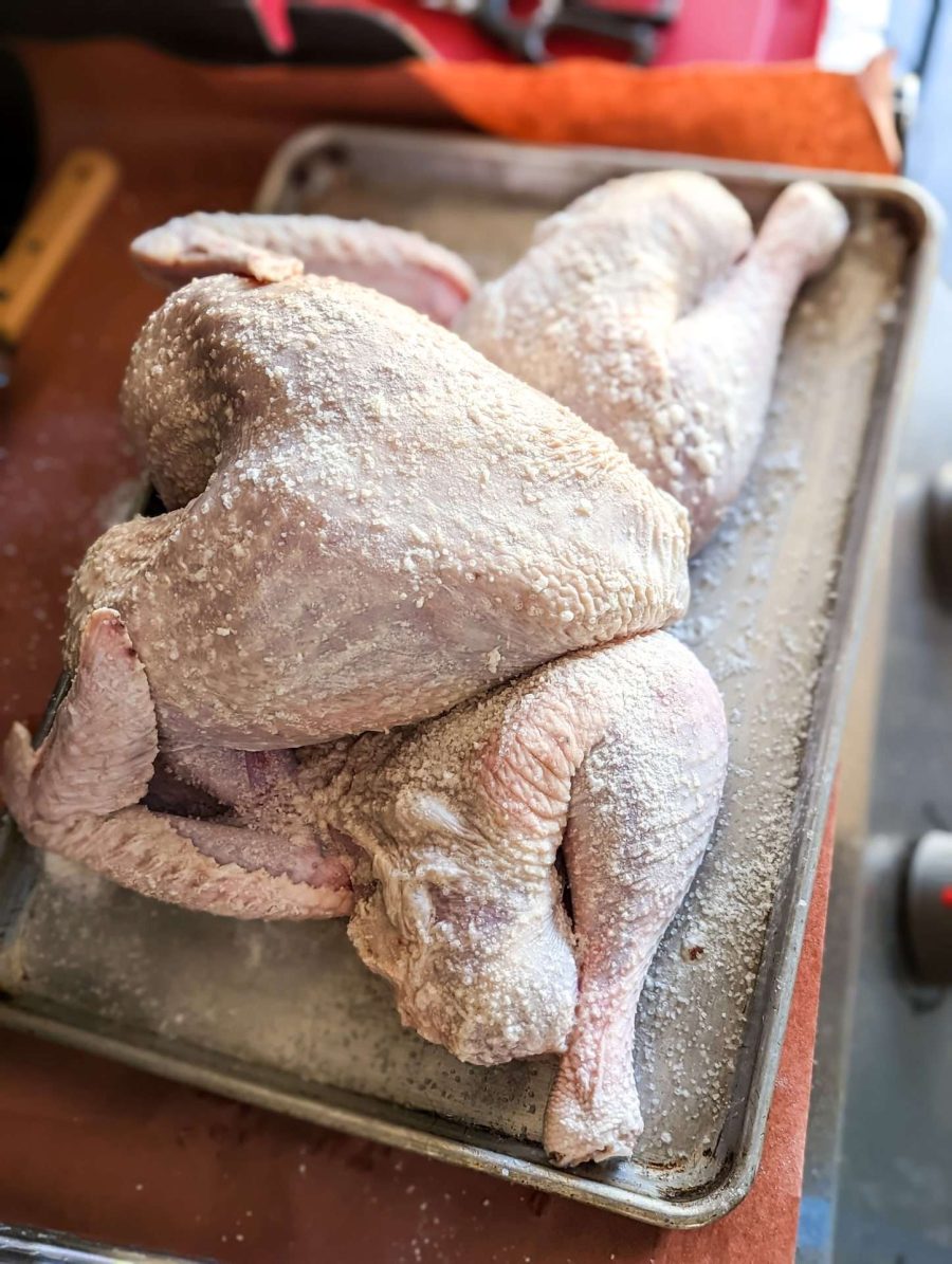 flattened turkey after spatchcocking