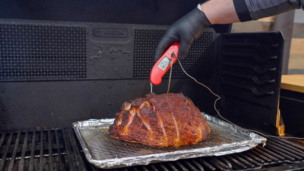 checking the internal temperature of the ham