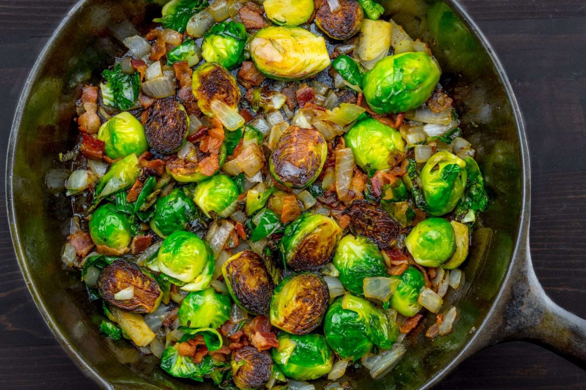 Gochujang brussels sprouts in cast iron skillet