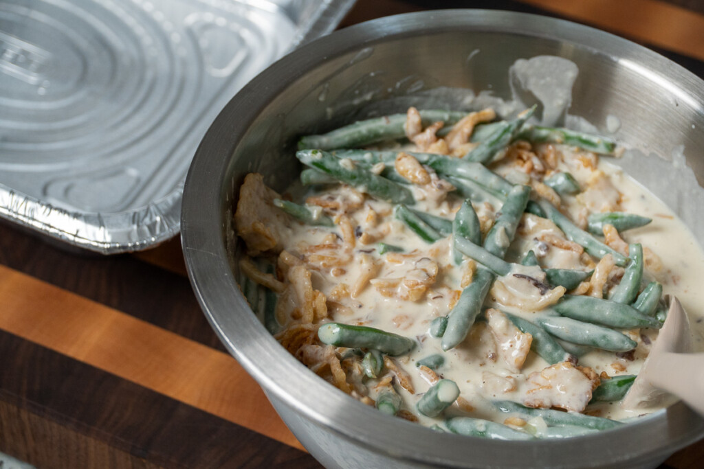 green bean casserole in a metal bowl