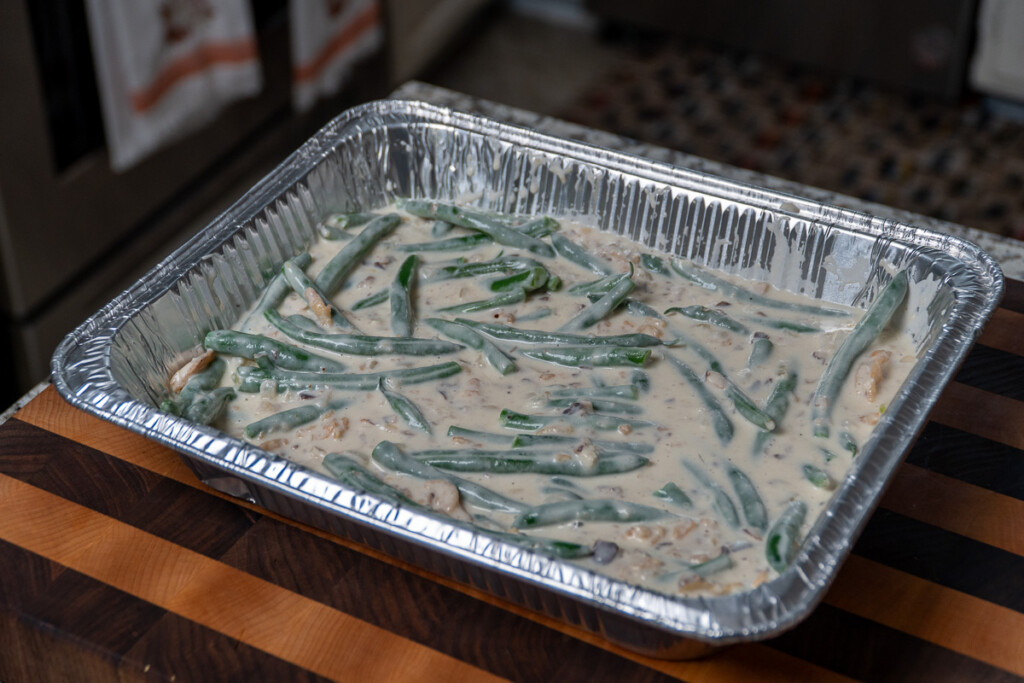 green bean casserole in a aluminum pan