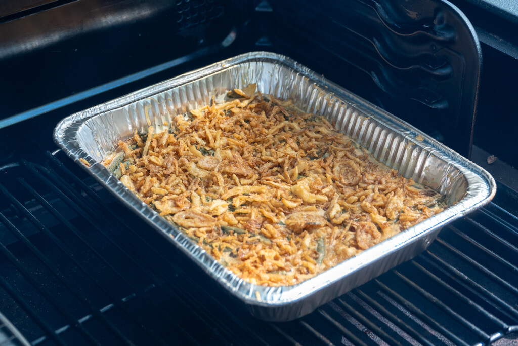 cooked green bean casserole in the smoker