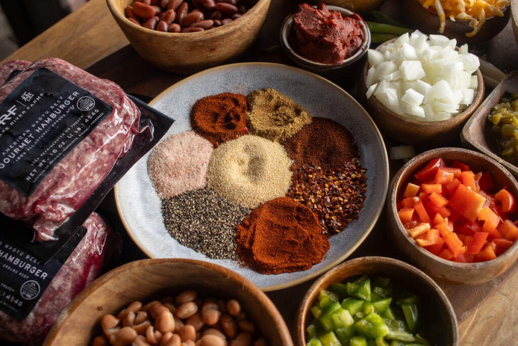 smoked over the top chili ingredients laid out