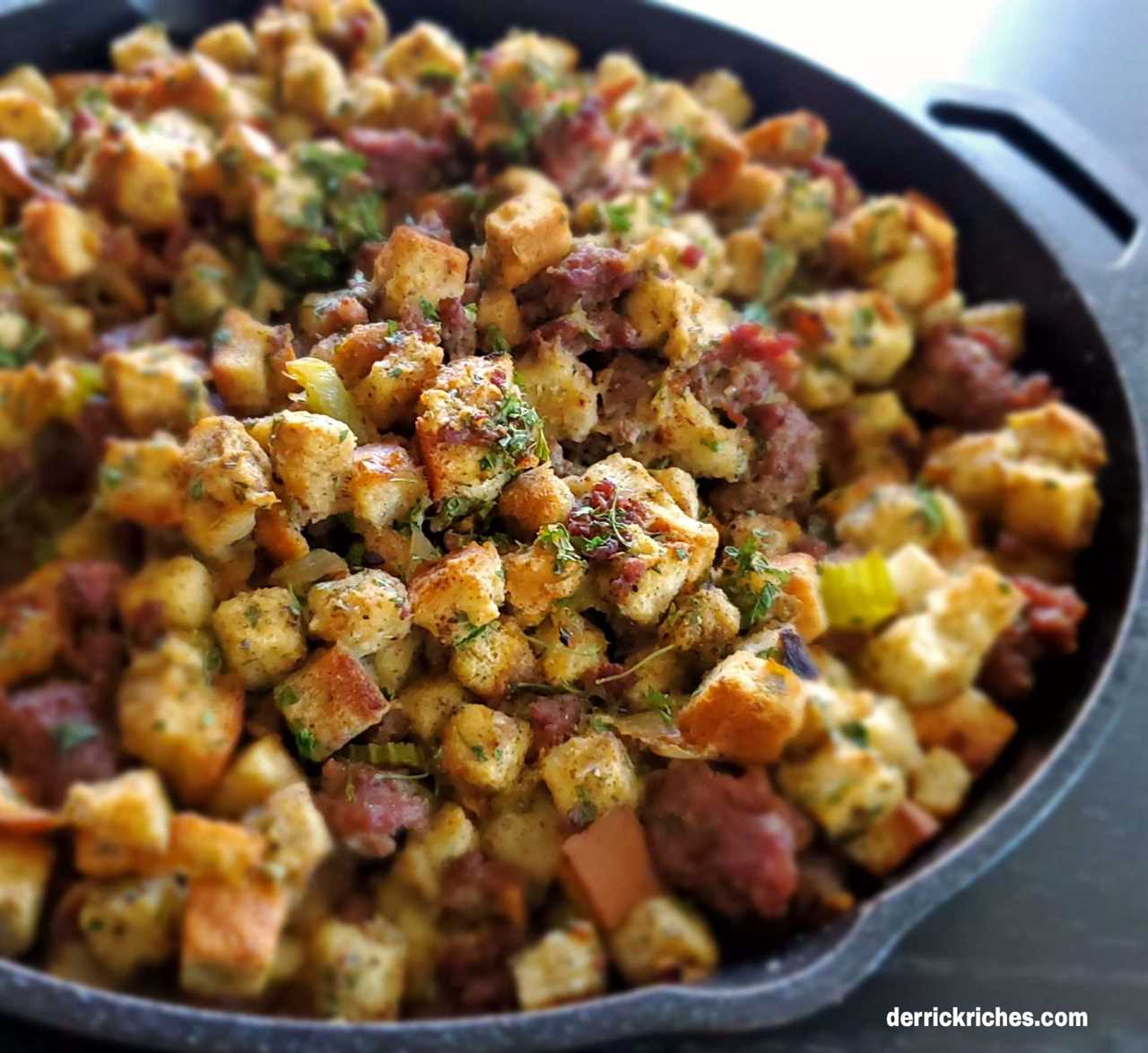 Smoked sausage stuffing in a cast iron skillet