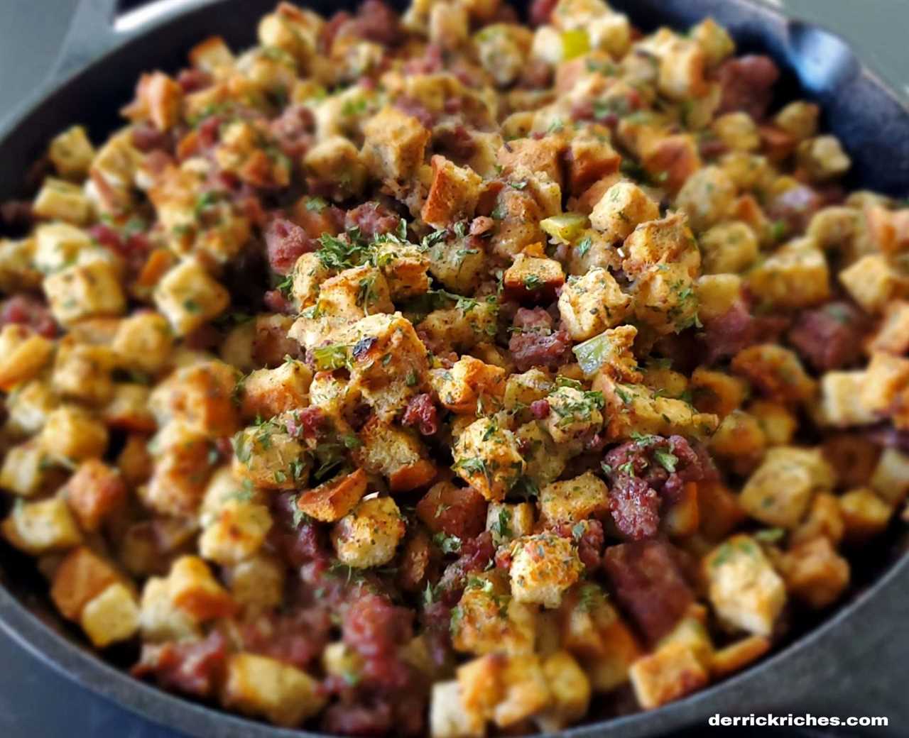 Holiday stuffing in cast iron skillet