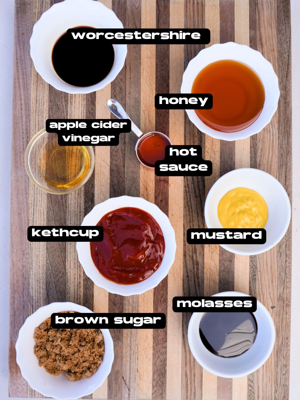 bowls on a cutting board with all the ingredients.