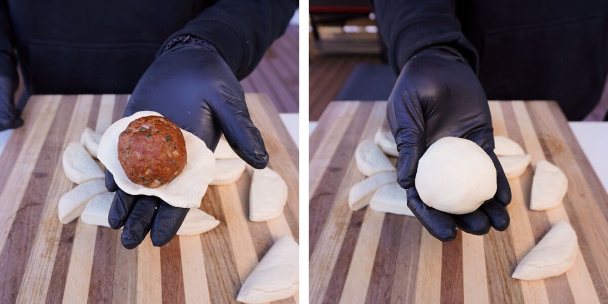 flat biscuit dough with a  meatball in the middle, and image on the right has the meatball wrapped in the biscuit dough.