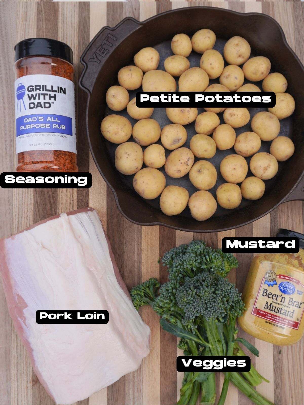 Mustard pork loin ingredients on a cutting board.