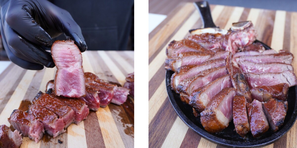 Peter Luger steak sliced after first sear.