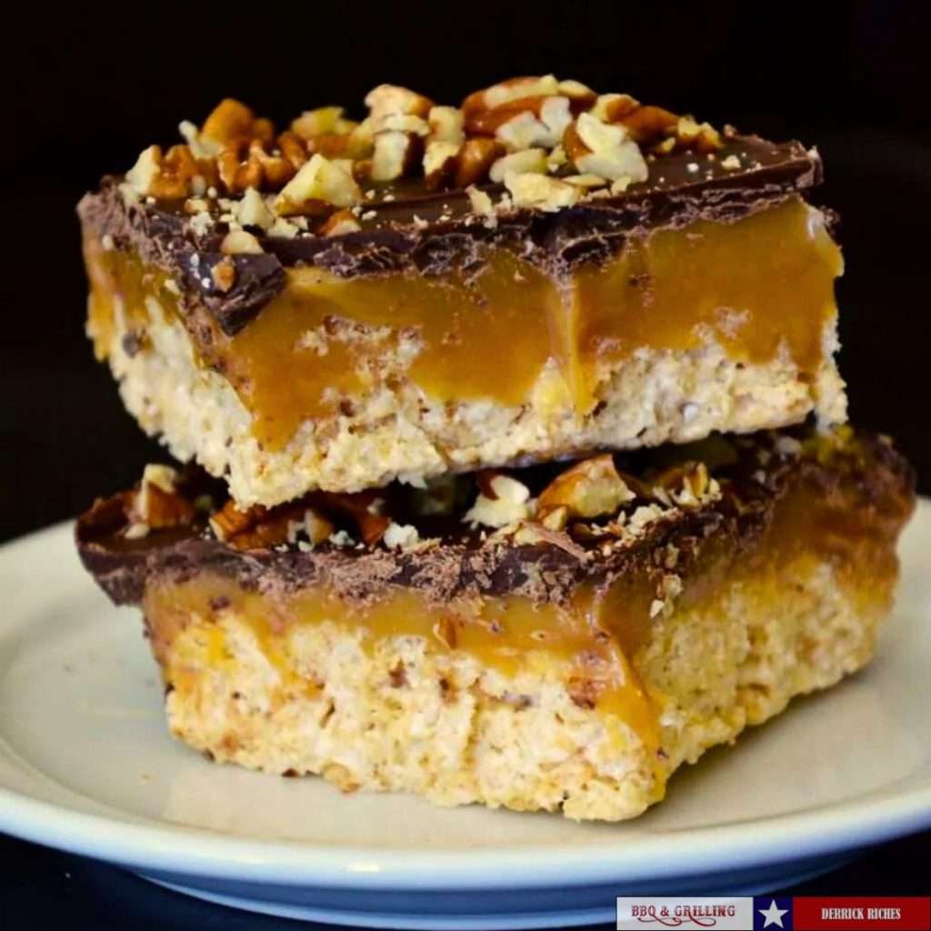 Chocolate-Caramel Rice Krispies Treats on white plate Valentines-Day-Recipes