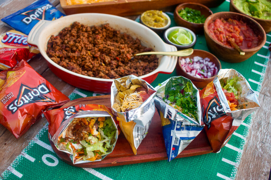 three bags of chips, and a big bowl of mince for the walking tacos