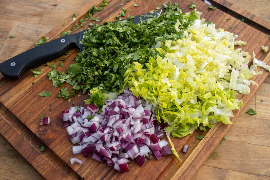 chopped red onion, iceburg lettuce and cilantro