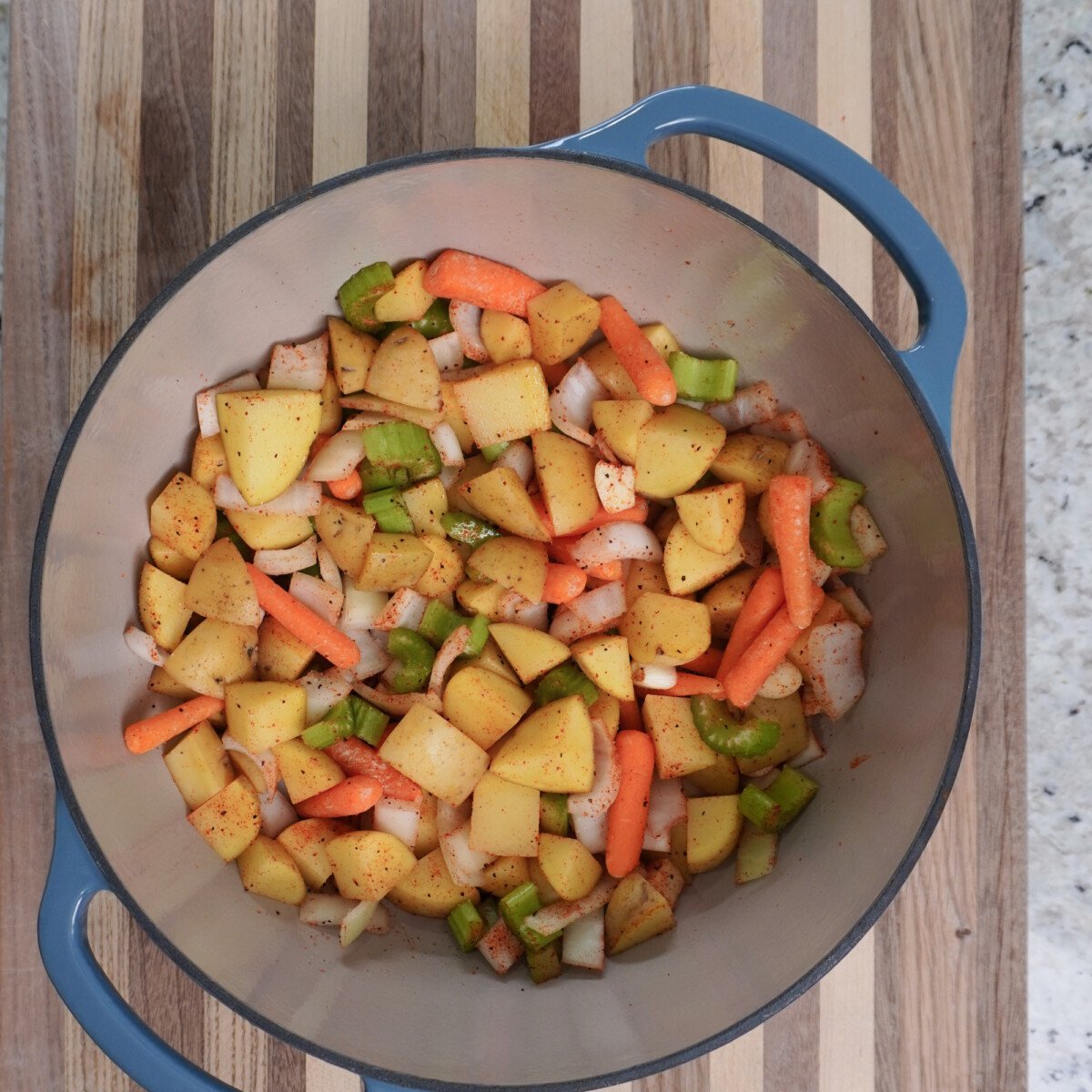 chopped veggies in a dutch oven.