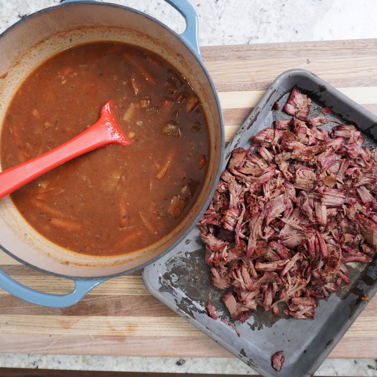 shredded beef and braised liquid.