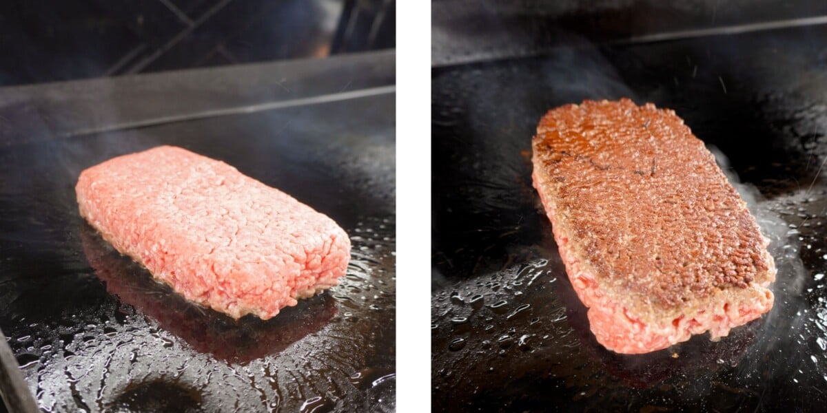 ground beef brick on the griddle with a crust.