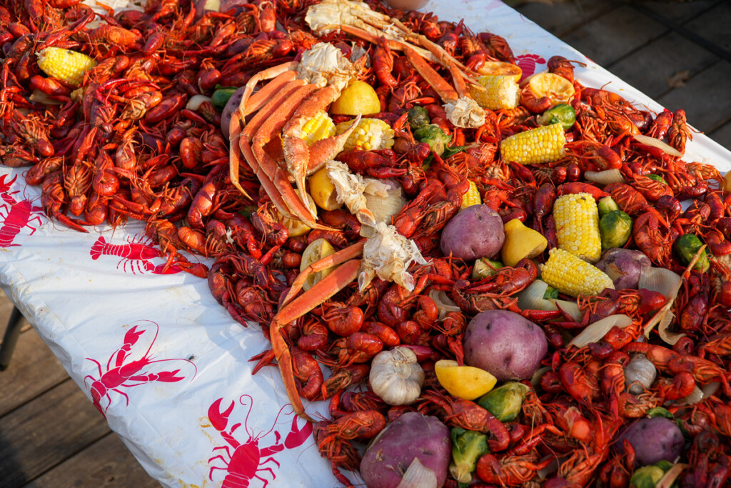 a pile of crawfish boil on the table