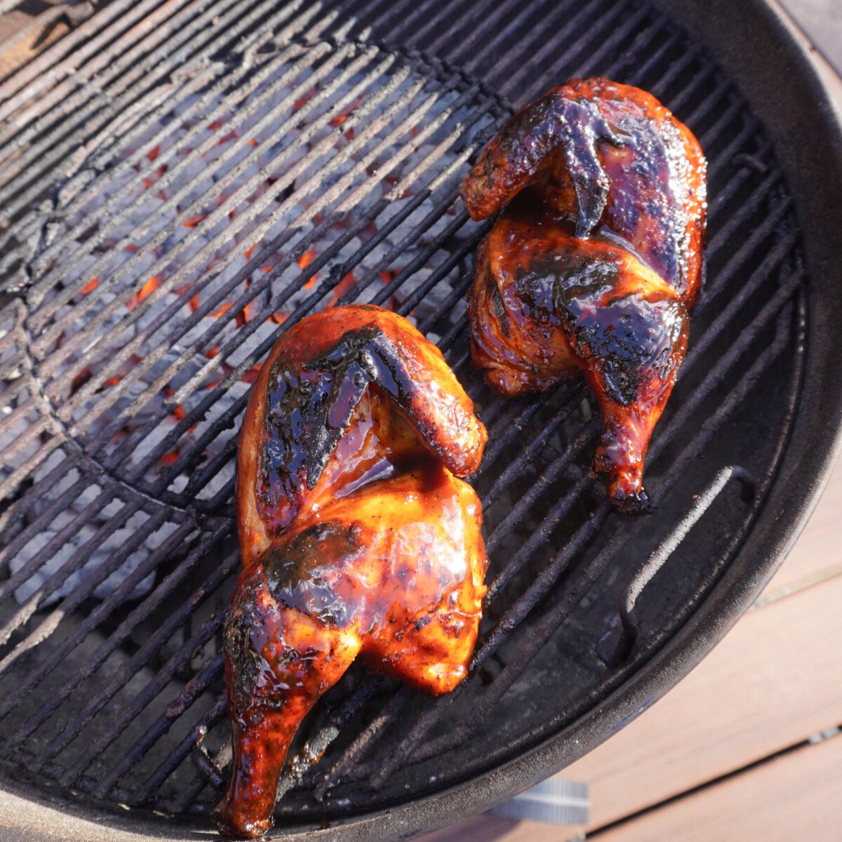 grilled and seared chicken halves.