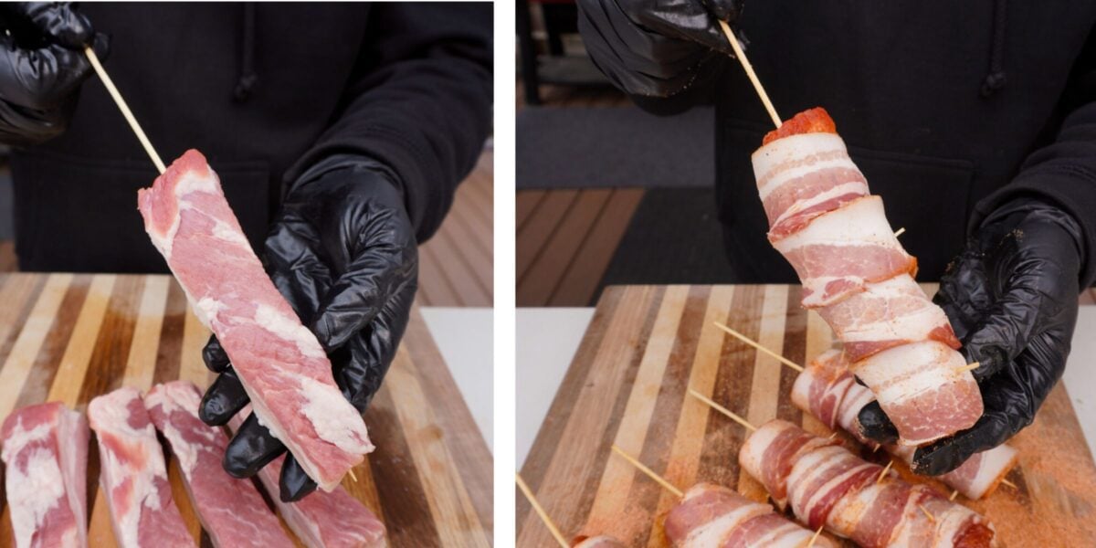 Skewered pork belly lollipops.