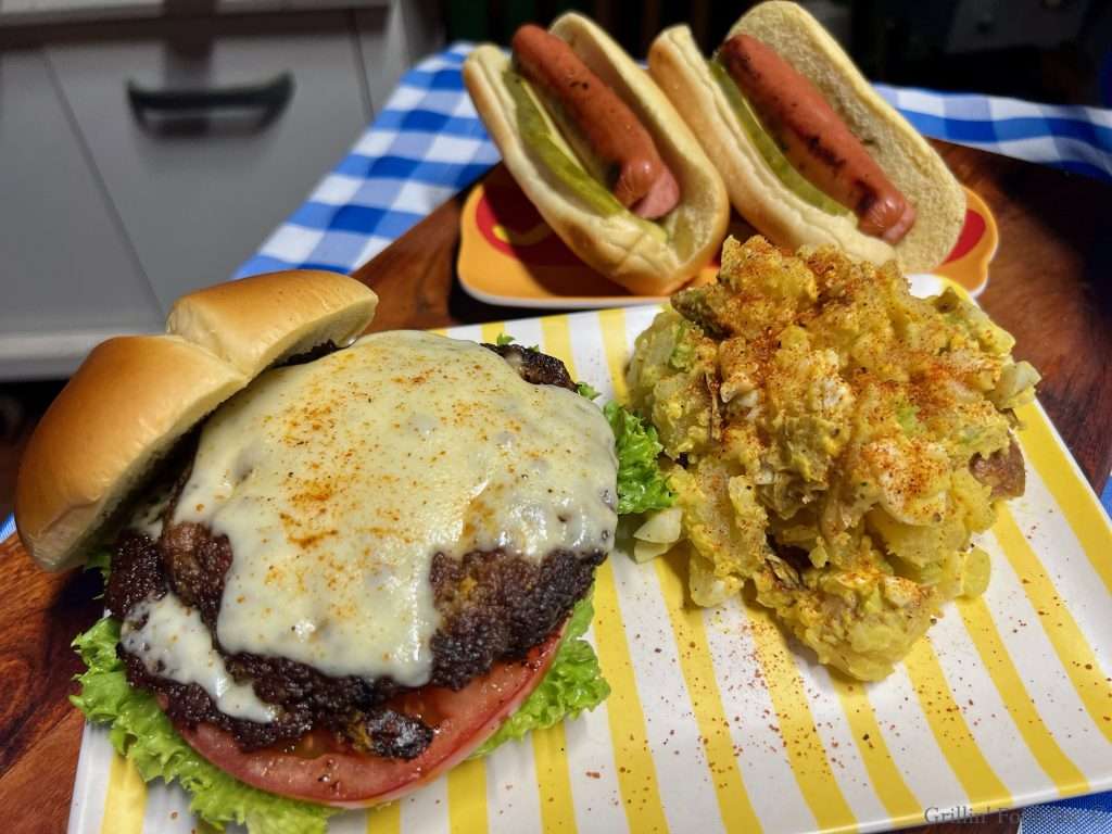 Smoked Potato Salad with Smash Burgers and Split Mustard Dogs