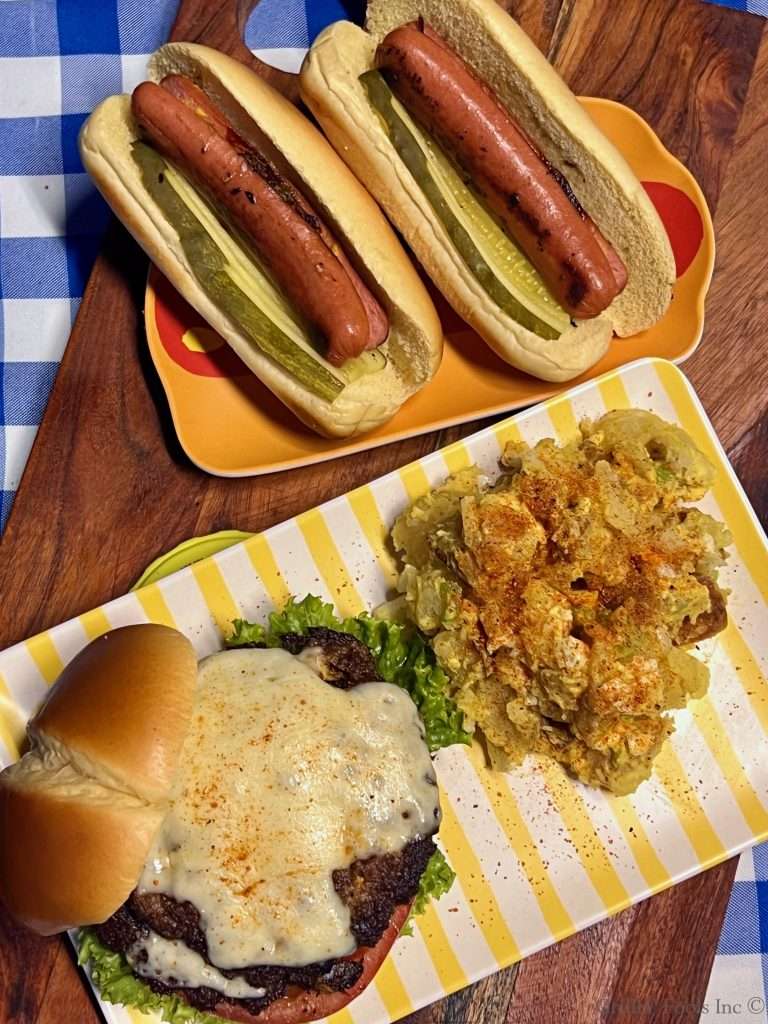 Smoked Potato Salad, Double Smash Burger and Grilled Split Hot Dogs