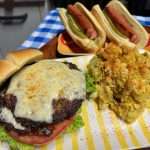 Smoked Potato Salad with Smash Burgers and Split Mustard Dogs