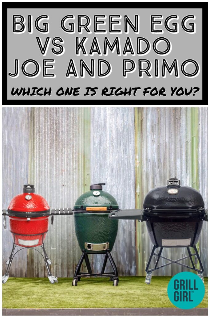 Three ceramic grills—red, green, and black—stand before a corrugated metal wall. Text above asks: Big Green Egg vs Kamado Joe and Primo—which ceramic grill is the best fit for you?.