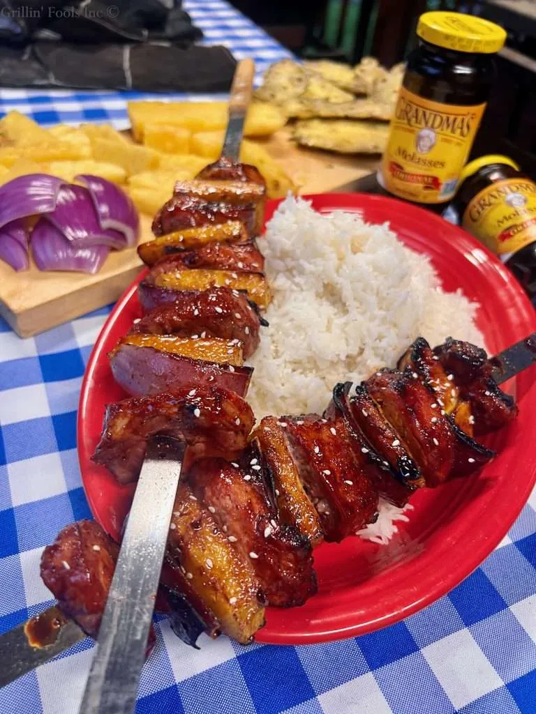 Molasses Sweet Pork Skewers Plated