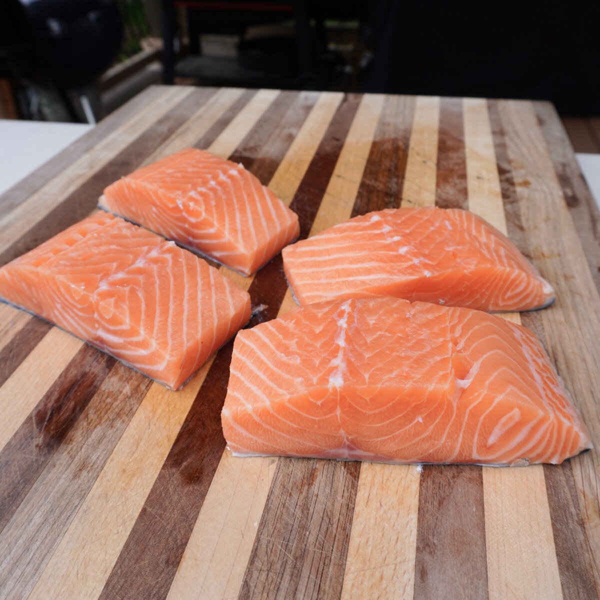 evenly sliced salmon strips.