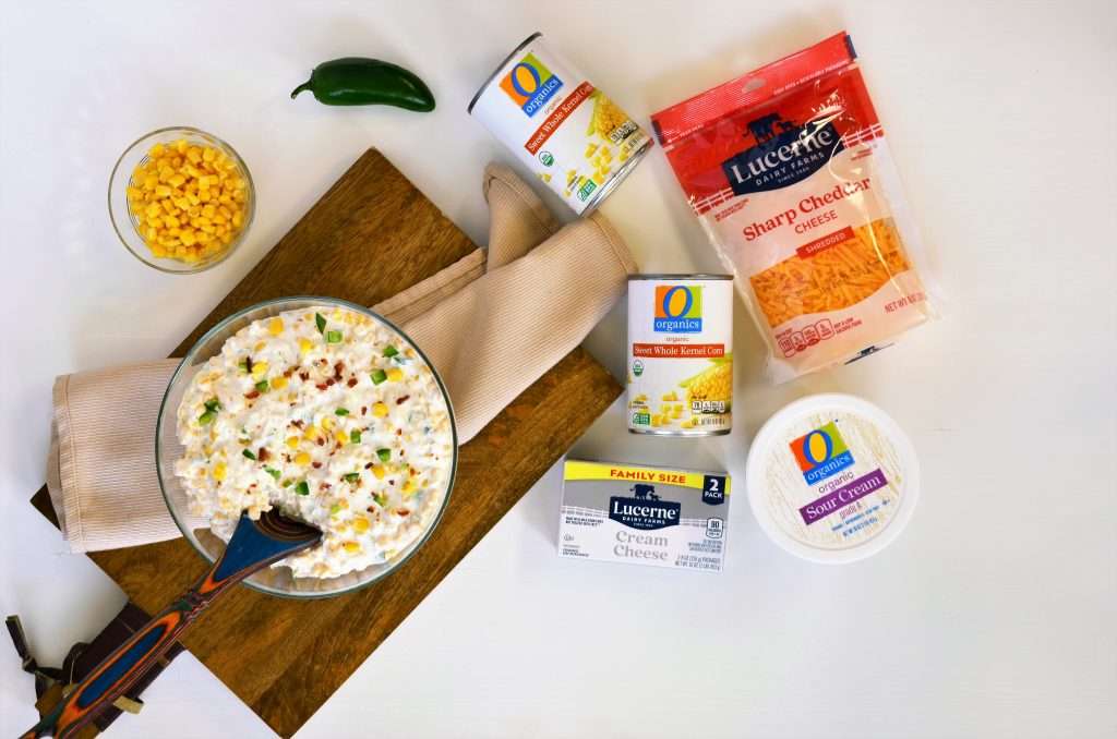 Jalapeno popper corn dip in bowl with ingredients